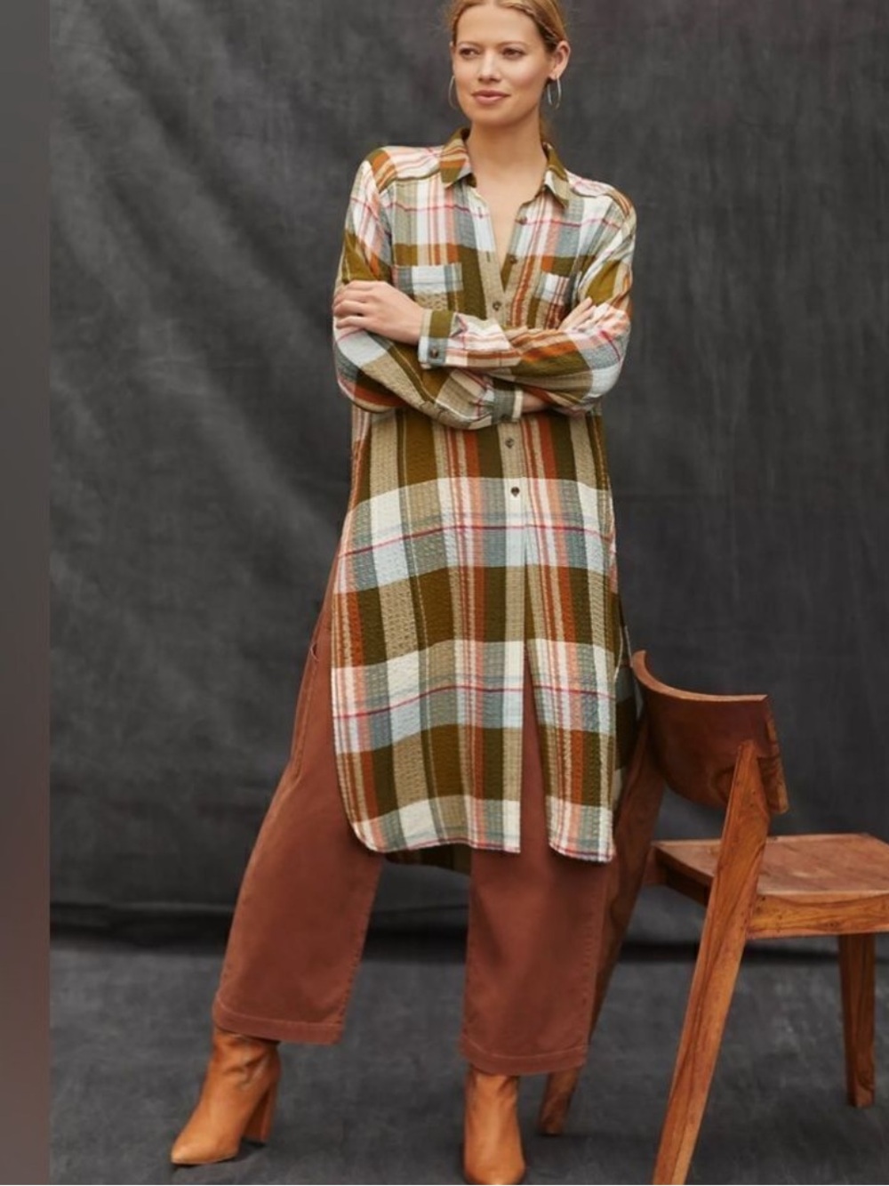 NWT Pilcro Anthropologie Side-Slit Maxi Tunic Buttondown S Plaid